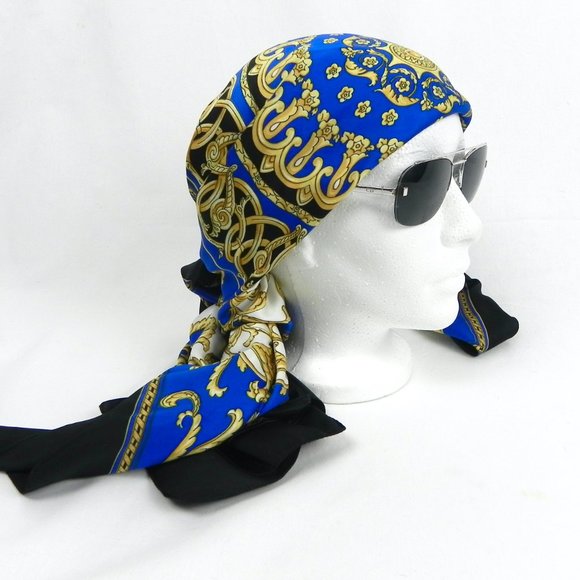 NWOT Hermès Inspired Italian Blue & Gold Silky Scarf - Picture 2 of 11